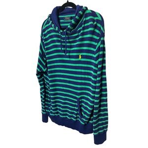 Polo Ralph Lauren Striped Terry Cloth Hoodie Green Blue Pullover Men's Size XL